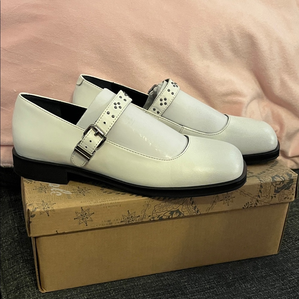 Free People White Loafers with Studded Buckle